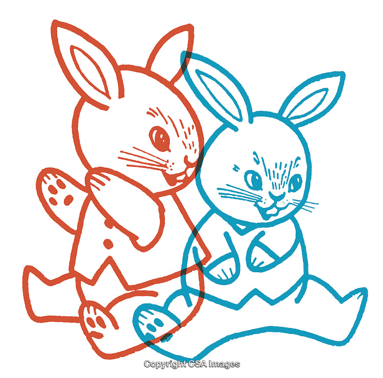 Playful Red and Blue Cartoon Rabbits in Vibrant Illustration Art