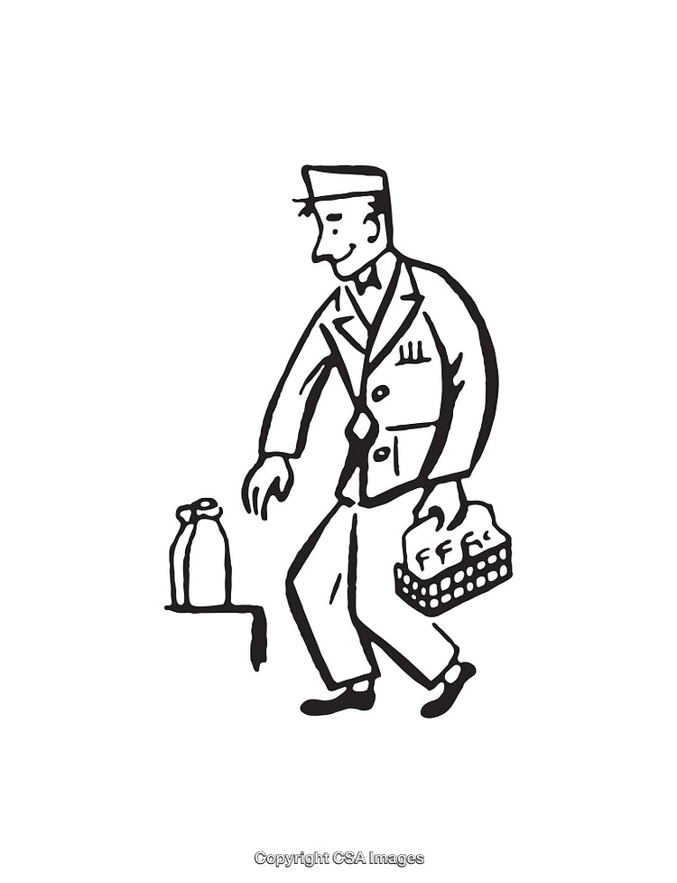 Black And White Illustration of a Milkman Delivering Bottled Milk and Goods