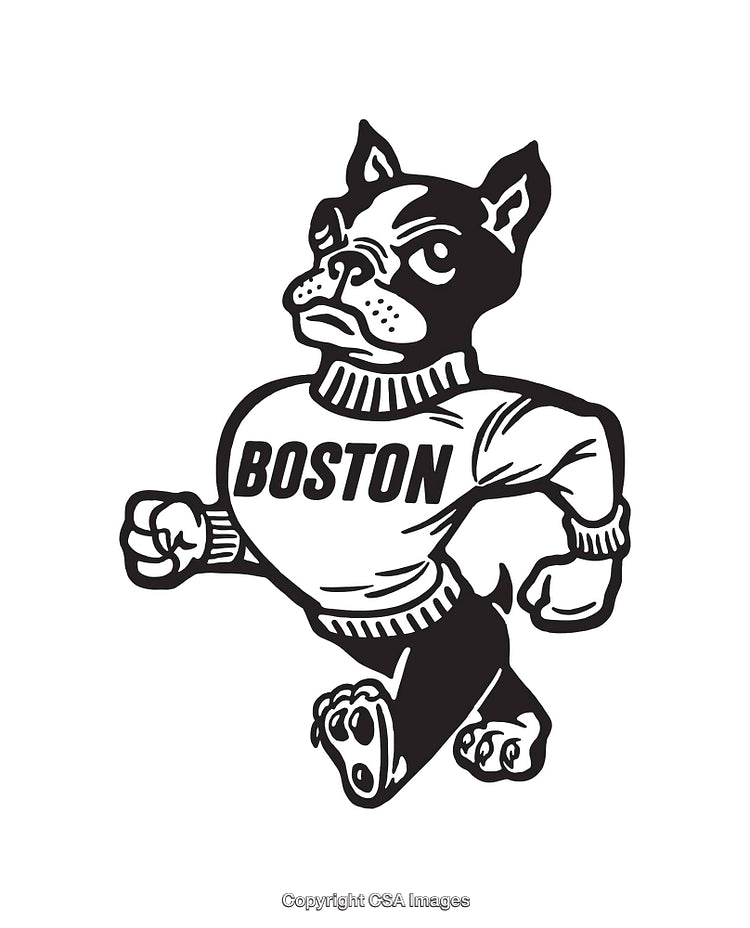 Black and White Illustration of a Walking Dog Wearing a Boston Shirt