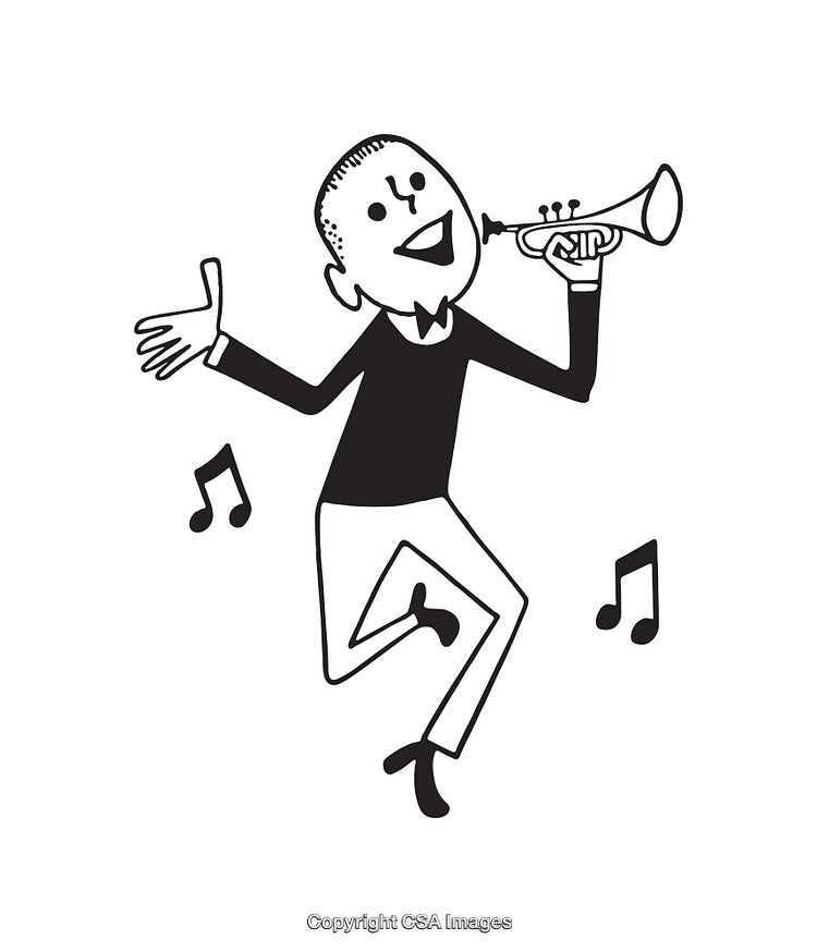 Cartoon Figure Playing Trumpet with Musical Notes in Black and White Art