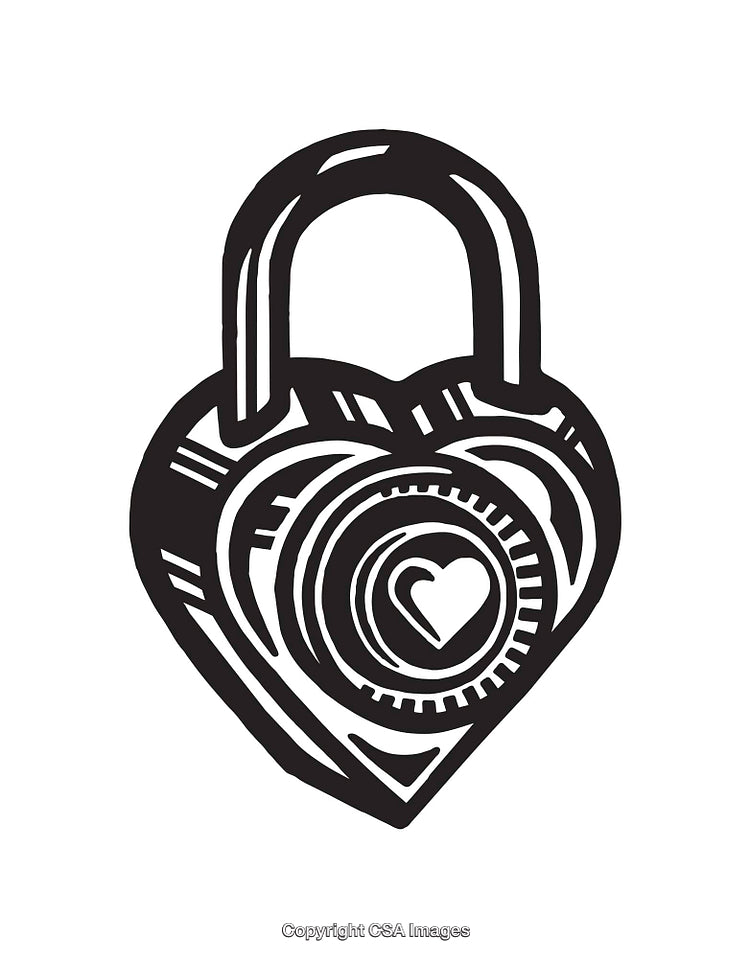 Black and White Heart-Shaped Padlock Illustration with Artistic Detailing