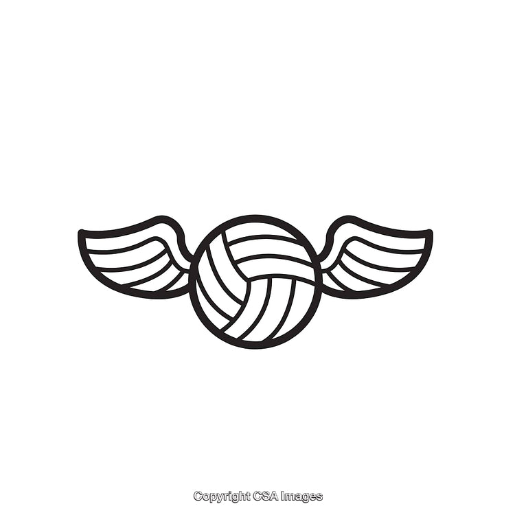 Black and White Illustration of Volleyball with Wings Line Art Design