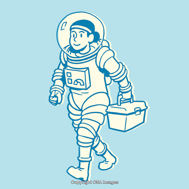 Astronaut Carrying Toolbox in Stylized Line Art Illustration