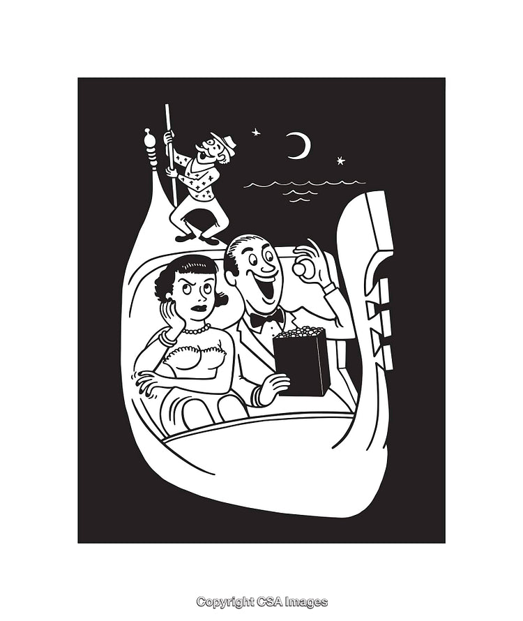 Black and White Line Art of a Gondola Ride With a Singing Gondolier