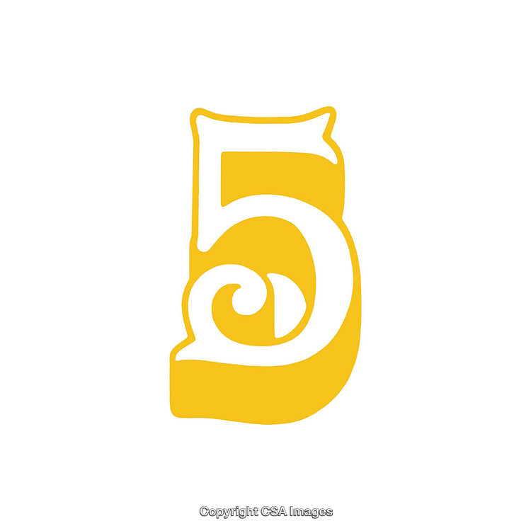 Stylized Yellow Number Five with Decorative Design on White Background