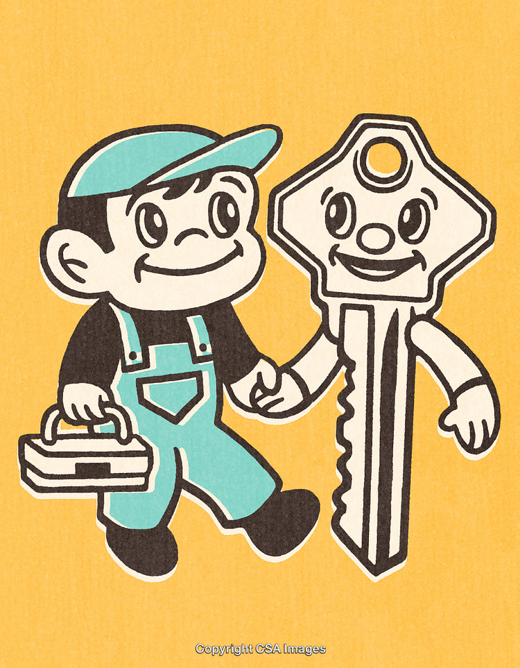 Cheerful Cartoon Locksmith and Key Illustration on Bright Yellow Background