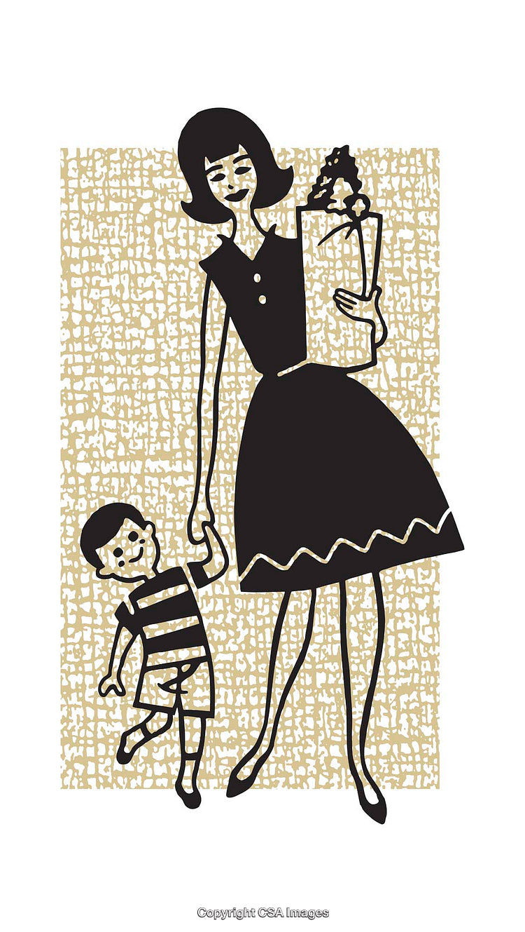 Retro Illustration of Woman Holding Groceries With Child on Patterned Background
