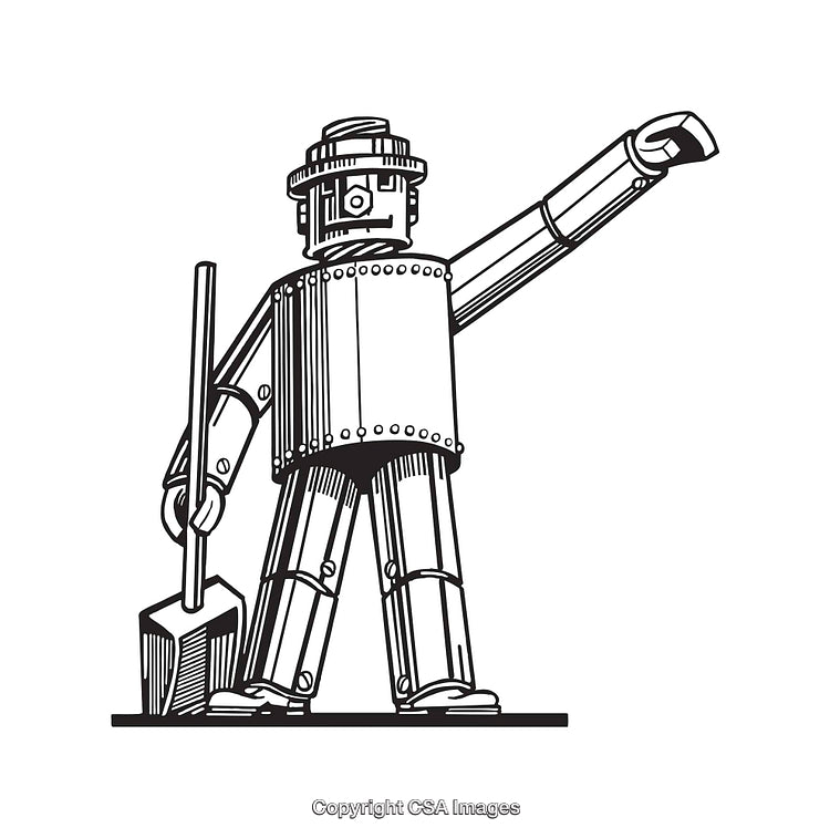 Black and White Line Art of a Steampunk Robot with a Hammer