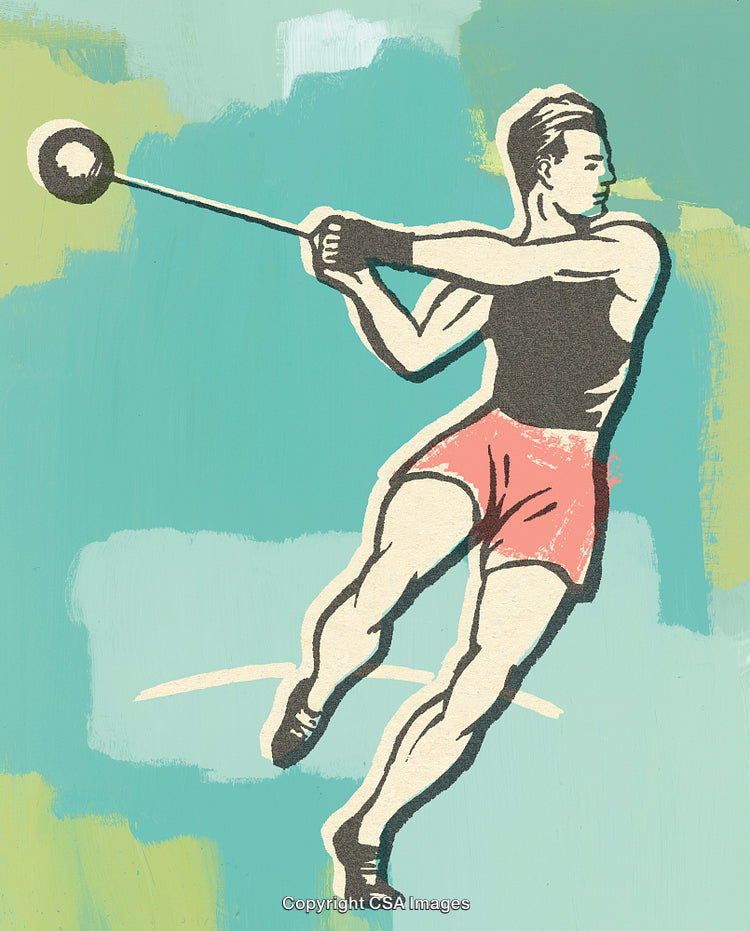 Vintage Athlete Executing Hammer Throw Against Artistic Background