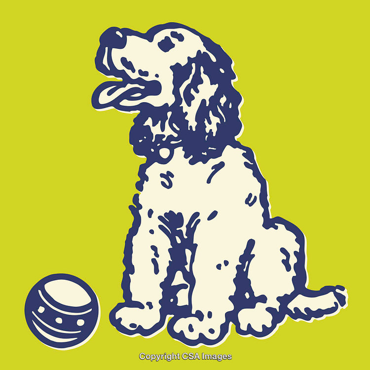 Playful Dog Illustration with Ball on Bright Yellow Background
