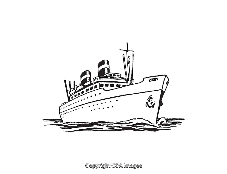 Black And White Line Art of a Passenger Ship at Sea