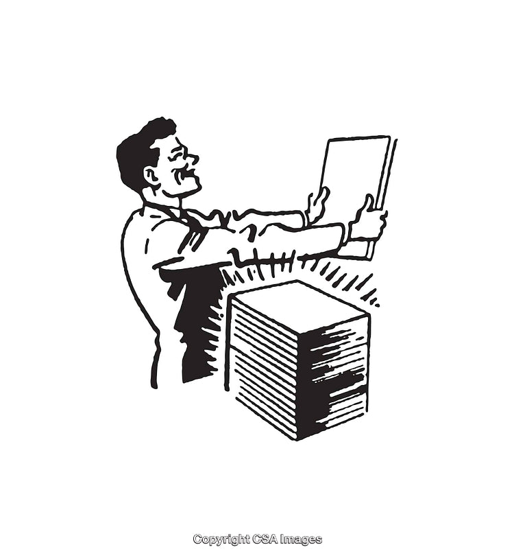 Businessman Holding Document with Stack of Papers in Vintage Style Art