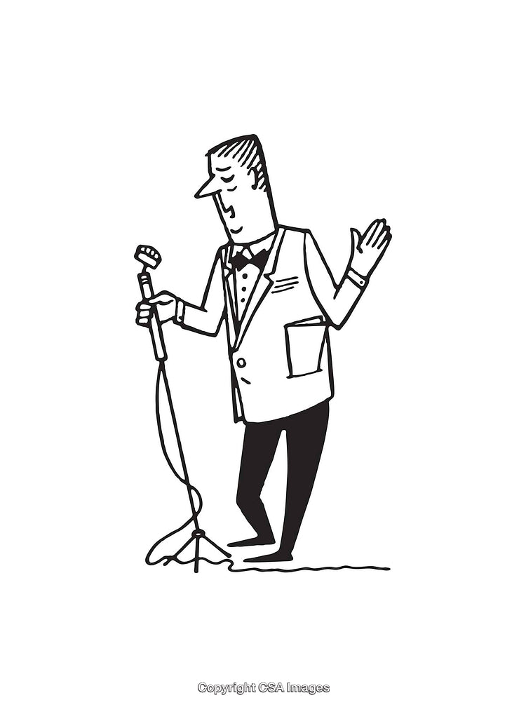 Black and White Line Drawing of a Performer in Tuxedo with Microphone