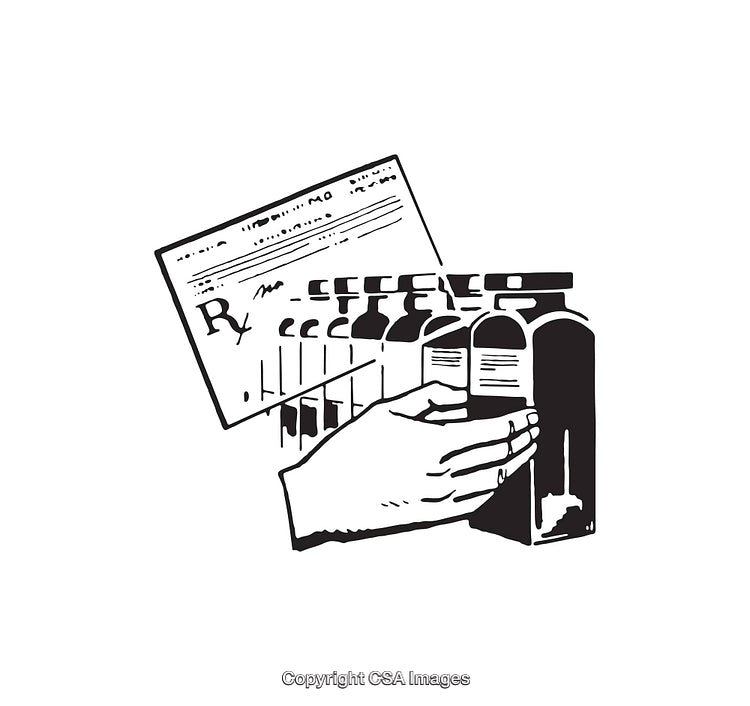 Black and White Illustration of Pharmacy Prescription and Medicine Bottles