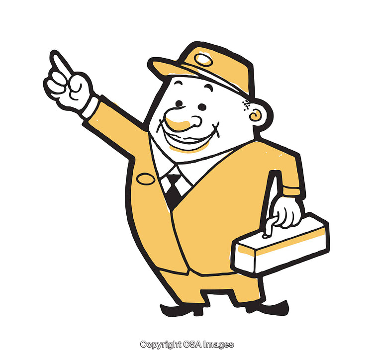 Cheerful Worker Illustration in Uniform Carrying a Briefcase and Pointing Upward