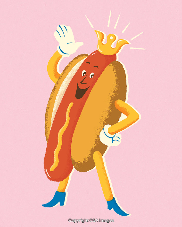 Cheerful Hotdog Character Wearing a Crown on a Pink Background