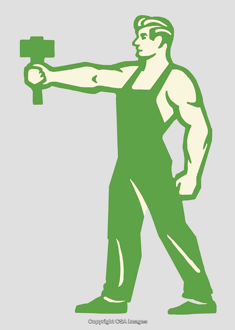Green Silhouette of Worker Holding Hammer Symbolizing Strength and Labor