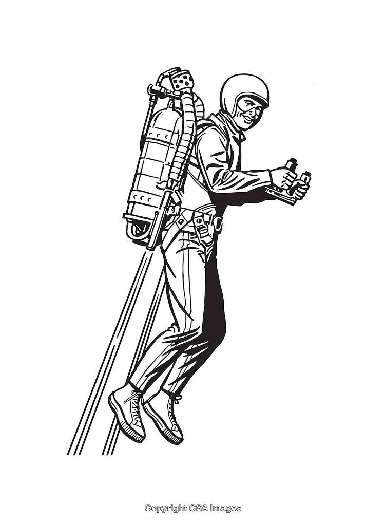 Black and White Illustration of a Pilot Using a Jetpack for Flight