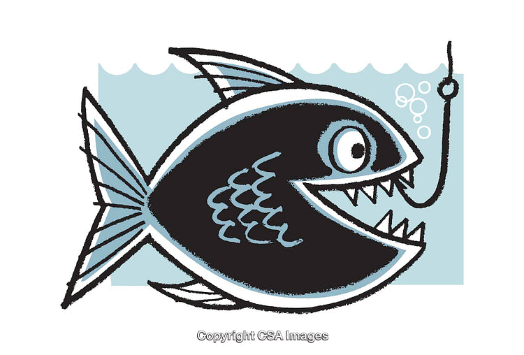 Cartoon Illustration of a Fish Approaching a Fishing Hook in Water