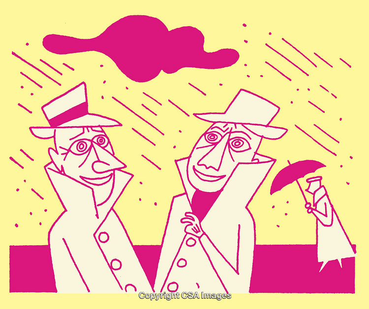 Whimsical Line Art Illustration of Characters Under Rainy Sky