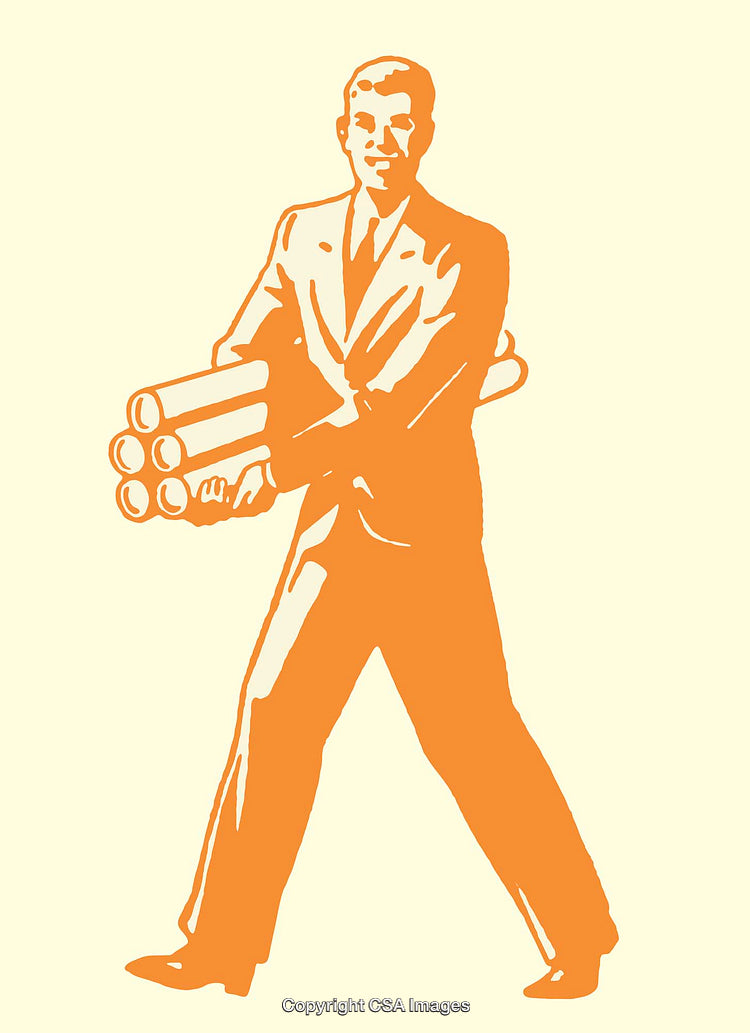 Retro Style Line Art Illustration of a Businessman Carrying Rolled Documents