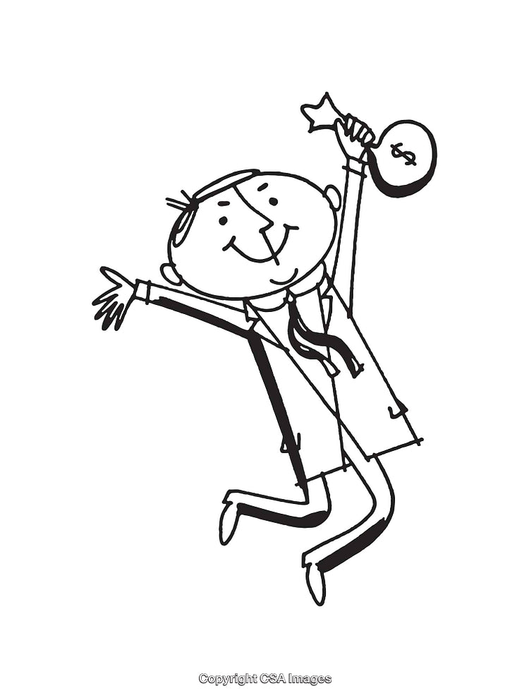 Cheerful Cartoon Businessman Jumping With a Bag of Money