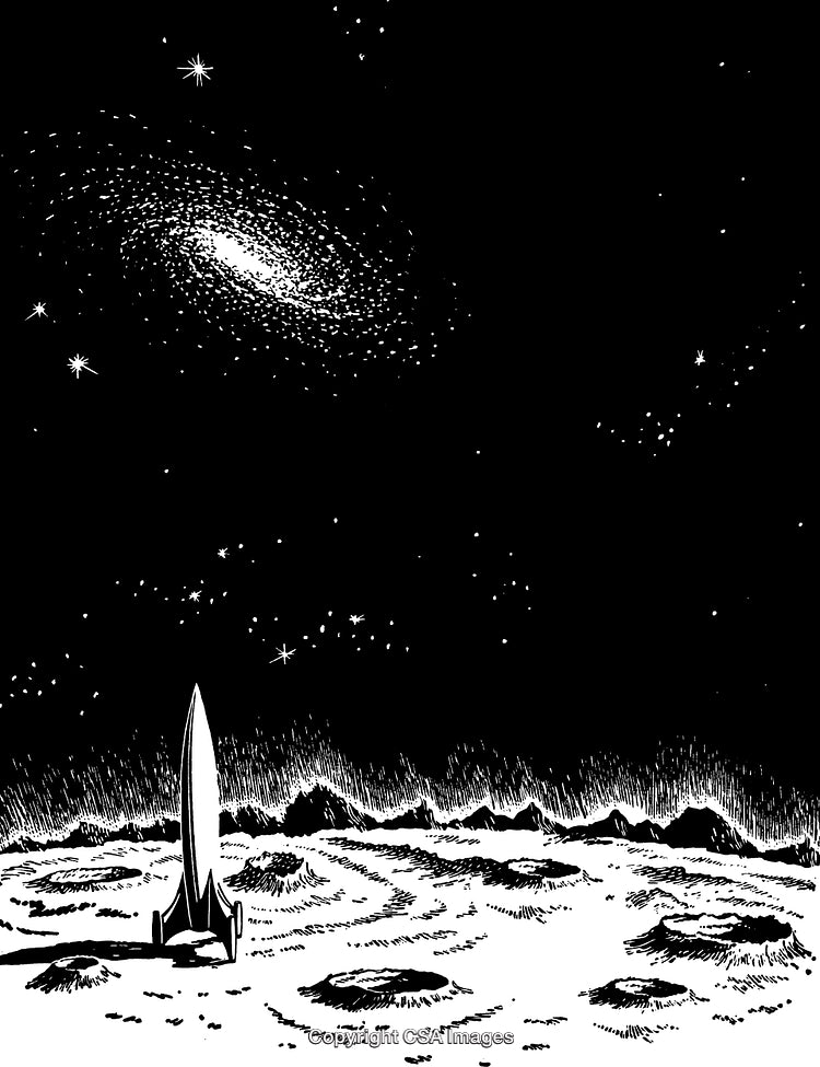 Spaceship Landed on a Lunar Surface with Starry Night Sky Backdrop