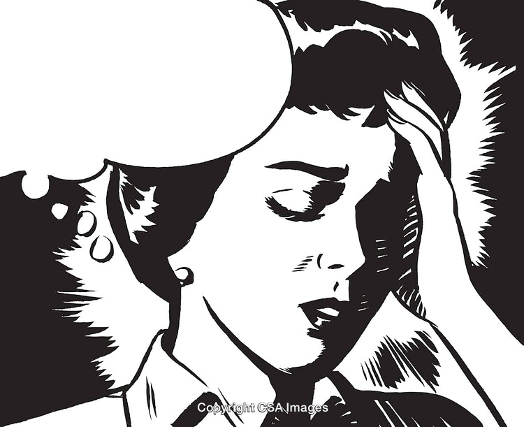 Vintage Illustration of a Distressed Woman in Black and White Artwork