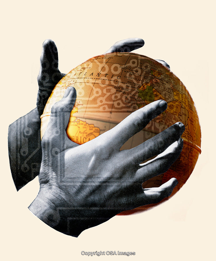 Hands Grasping a Globe with Digital Circuit Overlay