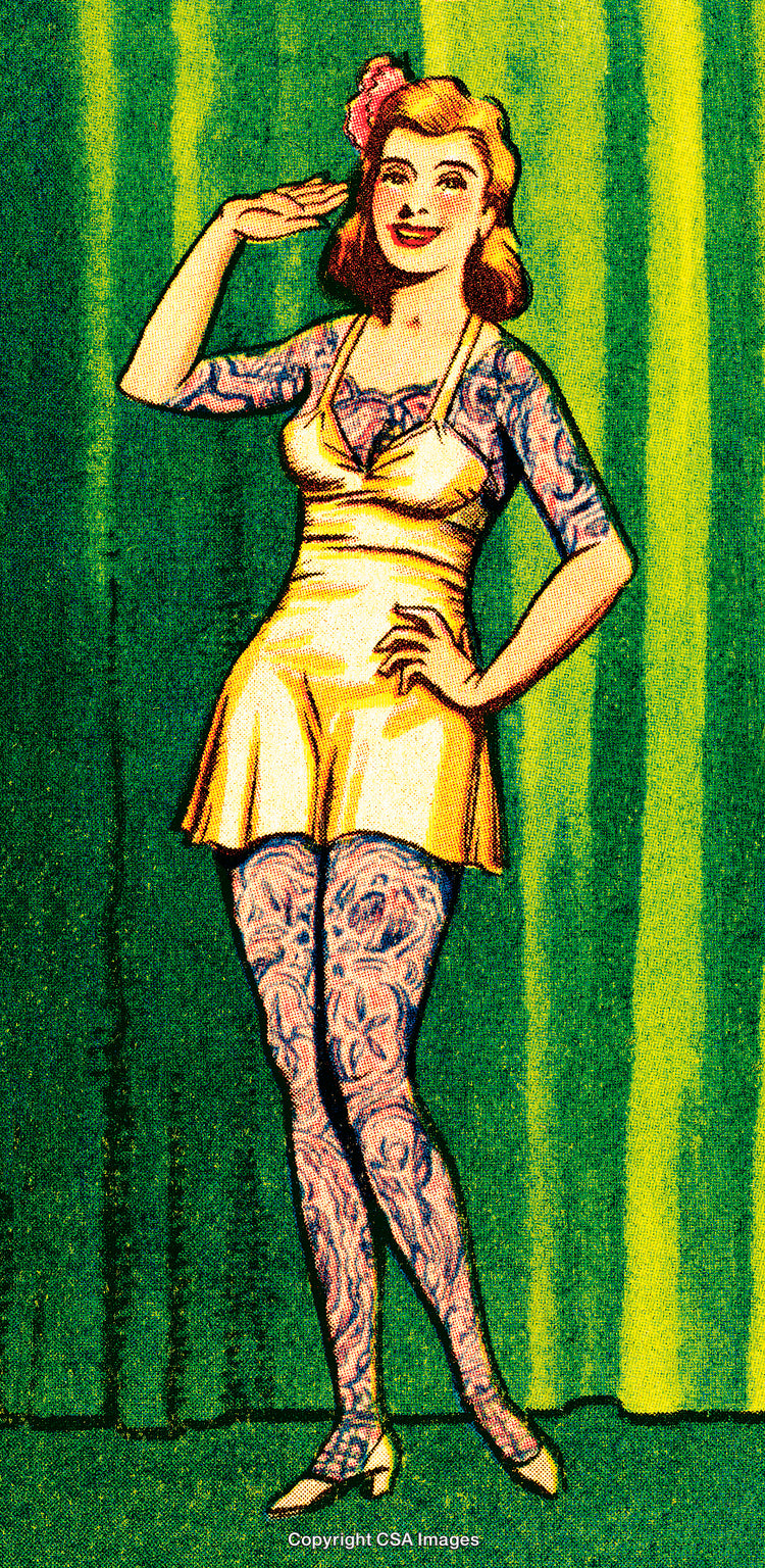 Retro Style Circus Performer Wearing a Golden Outfit with Colorful Leg Tattoos