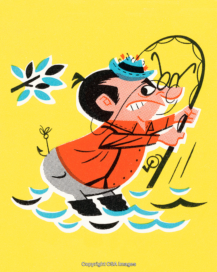 Cartoon Illustration of a Man Fishing With Vibrant Colors and Playful Vibes