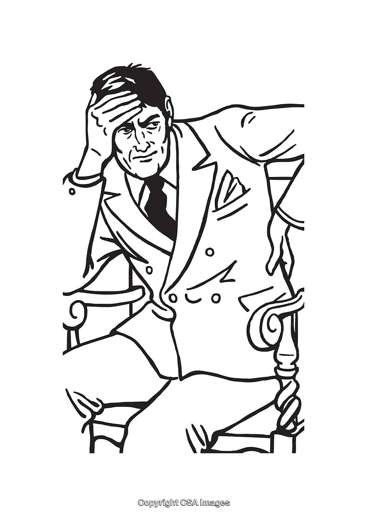 Black And White Illustration of a Thoughtful Businessman Seated in a Chair