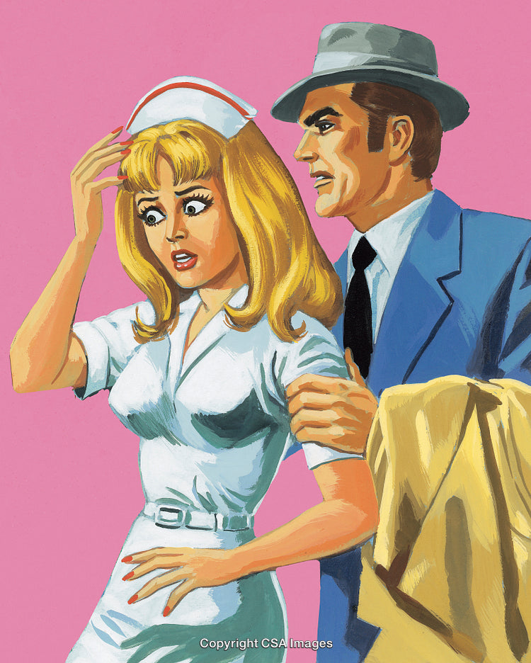 Retro Illustration Featuring a Surprised Nurse and a Man in a Suit