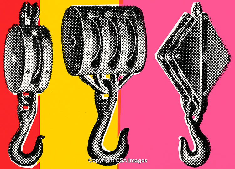Retro Illustration of Hooks and Pulleys in Bold Colorful Background