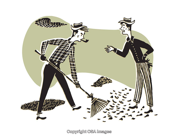 Retro Style Illustration of Men Engaged in Outdoor Chores and Chatting