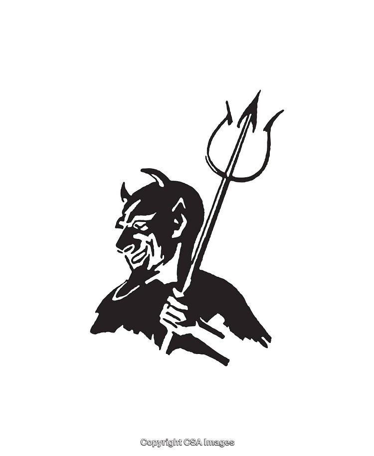 Black and White Illustration of a Grinning Devil Holding a Trident