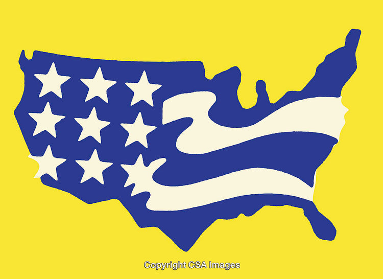 Illustration of US Map with Stars and Stripes on Yellow Background