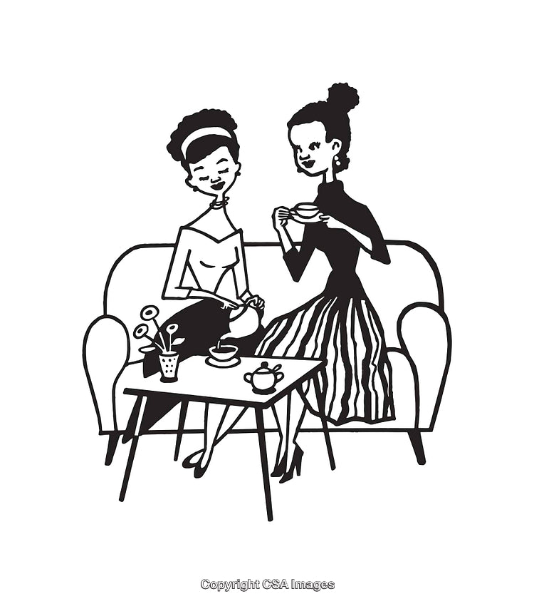 Two Women Enjoying Afternoon Tea in Black and White Line Art