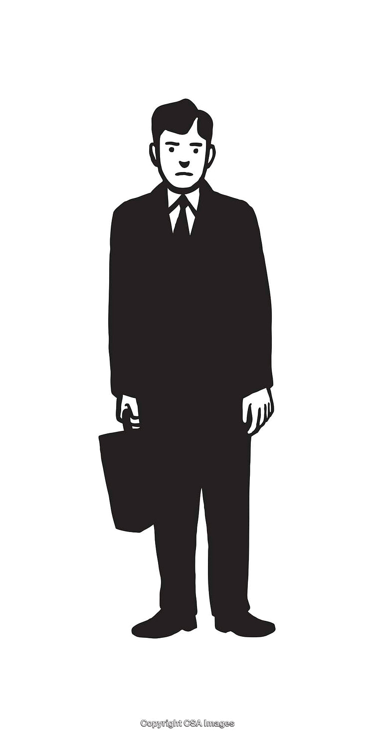 Black and White Line Art Illustration of a Businessperson in Formal Attire