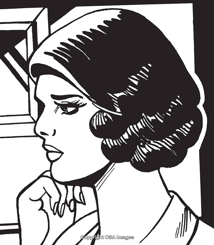 Retro-Styled Pop Art Illustration of a Thoughtful Woman Looking Away