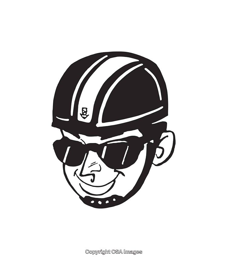 Black and White Line Art of a Smiling Helmeted Individual with Sunglasses