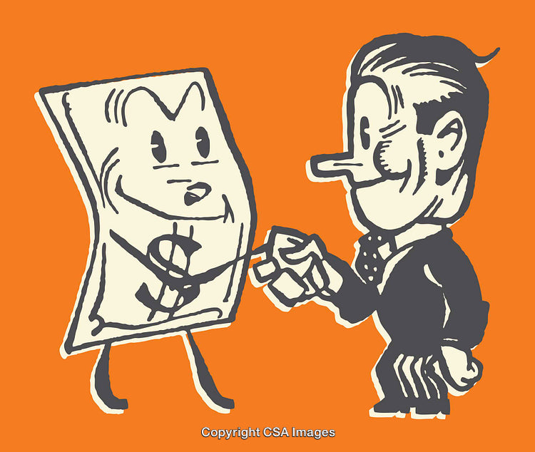 Cartoon Illustration of Man and Personified Dollar Bill Exchanging a Handshake