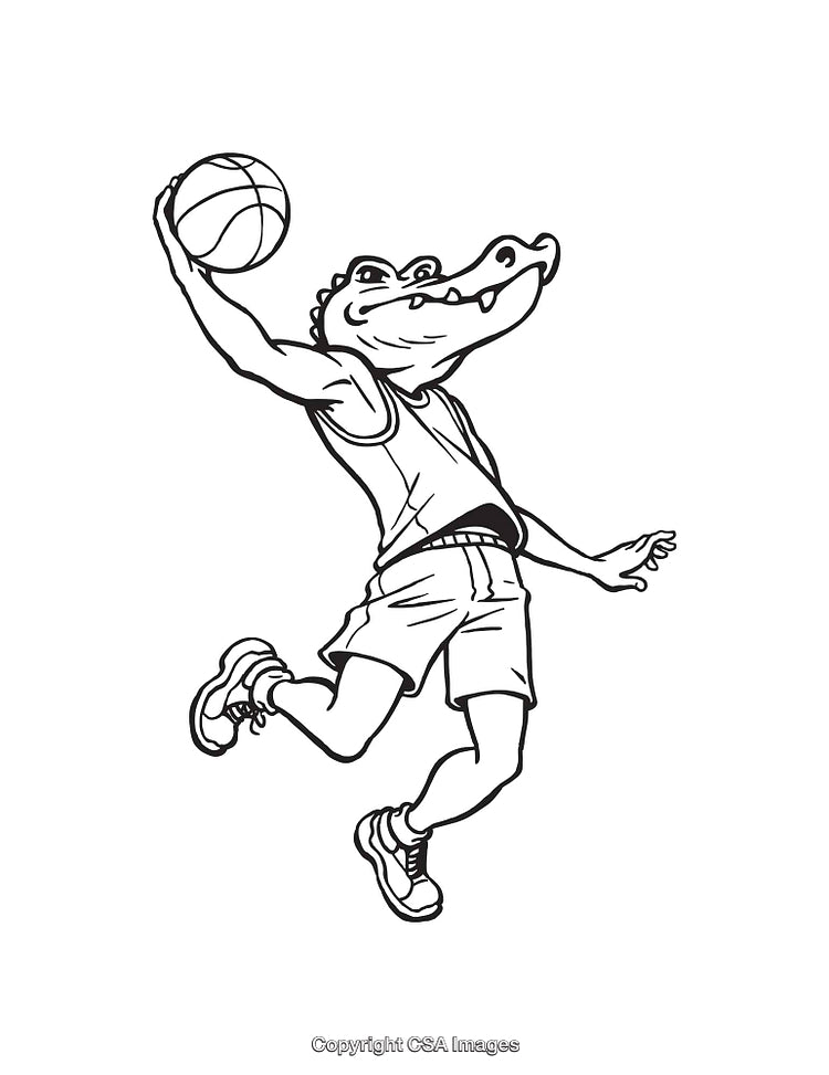 Black and White Line Art Illustration of an Alligator Playing Basketball
