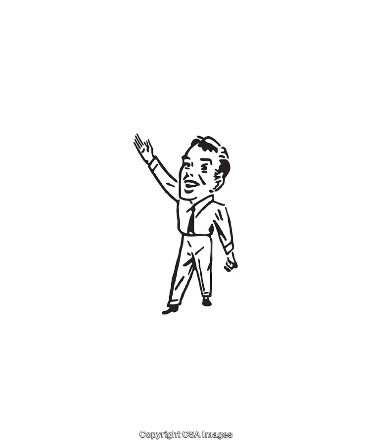 Line Art of Man Raising Hand in Formal Attire on White Background