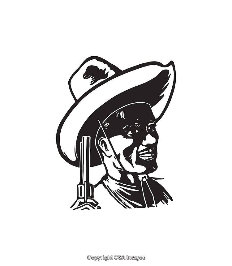 Black and White Line Art Cowboy Illustration with Hat and Rifle