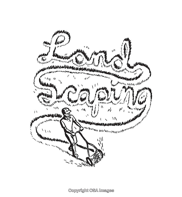 Black and White Line Art Depicting Landscaping With Mower