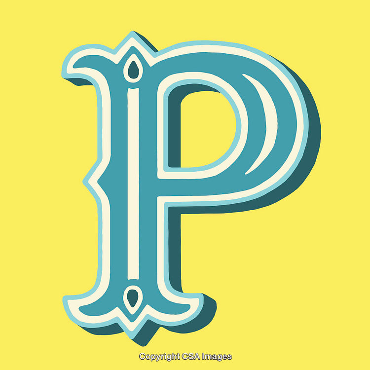 Ornate Blue Letter P on Bright Yellow Background with Drop Shadow
