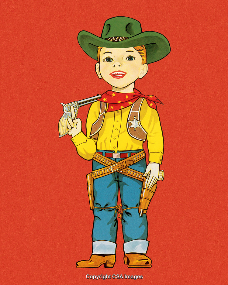 Vintage Illustration of a Young Cowboy in Western Outfit