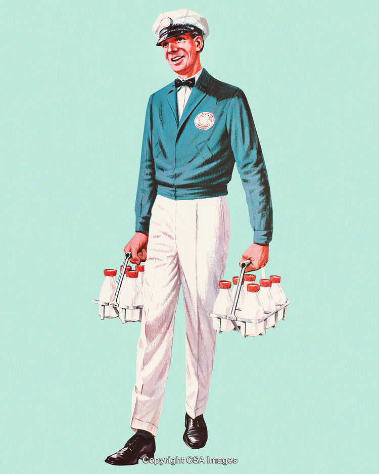 Vintage Milk Delivery Man Holding Bottles in Uniform on Teal Background