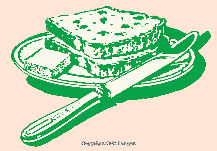 Illustration of Bread and Butter with Knife on Plate in Green Tones